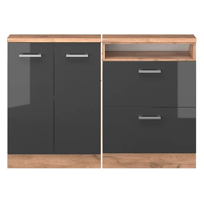Vicco Küchenschrank für Dachschrägen R-Line, Anthrazit Hochglanz, 120 cm -  - Zwei graue Hochglanz-Aufbewahrungsschränke mit hellen Holzplatten und -sockeln. Einer hat Doppeltüren, der andere ein offenes Fach und zwei Schubladen.