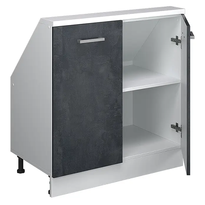 Vicco Küchenleerblock R-Line Schwarz Beton mit 2 Türen - Breite: 80 cm, Schwarz Beton - Weißer Schrank mit angeschrägter linker Seite, dunkelgrauer Tür, silbernem Griff und offenem Fach mit weißem Regal. Verstellbare Füße.