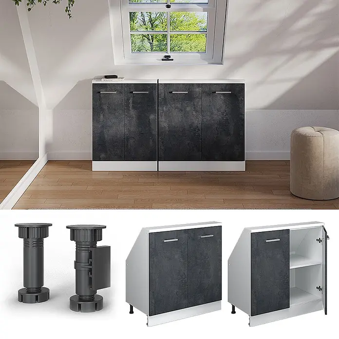 Vicco Küchenleerblock R-Line Schwarz Beton mit 2 Türen - Breite: 80 cm, Schwarz Beton - Zwei dunkelgraue Schränke mit weißen Platten und Sockeln, passend für Dachschrägen, unter einem Dachfenster.