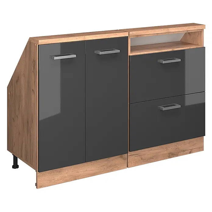Vicco Küchenschrank für Dachschrägen R-Line, Anthrazit Hochglanz, 120 cm -  - Dunkelgrauer Hochglanz- und Holzdekor-Modulschrank mit zwei Türen, offenem Fach und zwei Schubladen; linke Seite abgeschrägt.