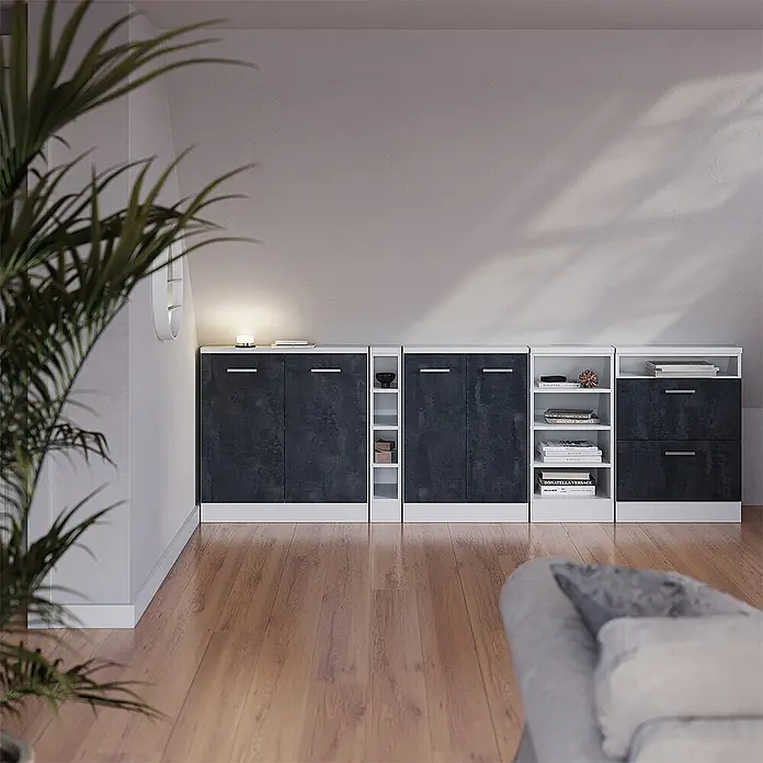 Vicco Küchenleerblock R-Line Schwarz Beton mit 2 Türen - Breite: 80 cm, Schwarz Beton - Modulares Aufbewahrungssystem mit dunkelgrauen Schrankfronten und weißen Regalen, an einer Wand in einem modernen Raum.