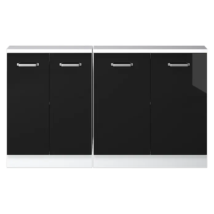 Vicco Küchenleerblock R-Line Schwarz Hochglanz 2er Set - Breite: 140 cm, Schwarz Hochglanz - Zwei miteinander verbundene schwarze Hochglanzschränke mit jeweils zwei Türen, weißen Ober- und Unterseiten sowie silbernen Griffen.