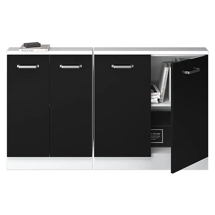 Vicco Küchenleerblock R-Line Schwarz Hochglanz 2er Set - Breite: 140 cm, Schwarz Hochglanz - Modernes schwarz-weißes Sideboard mit drei Fächern, eines teils geöffnet mit Büchern und einer Box.