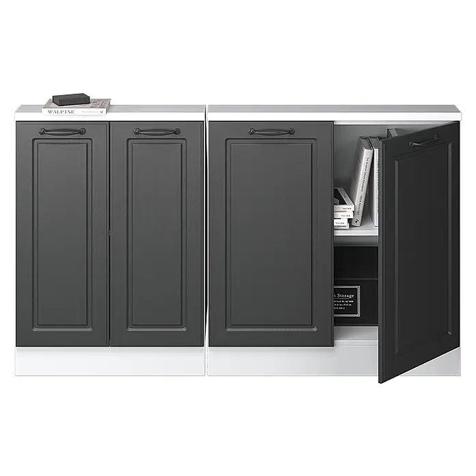 Vicco Schrankküche R-Line Anthrazit Landhaus 2er Set - Anthrazit Landhaus, Dachschrägenzeile 140cm - Dunkelgrauer Schrank mit zwei Türen; eine Tür offenbart weiße Regale, Bücher und eine schwarze Aufbewahrungsbox. Weiße Oberplatte.