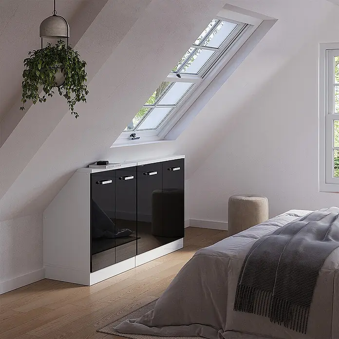 Vicco Küchenleerblock R-Line Schwarz Hochglanz 2er Set - Breite: 140 cm, Schwarz Hochglanz - Weißer und hochglänzender schwarzer Schrägschrank, ideal passend unter ein Dachfenster.