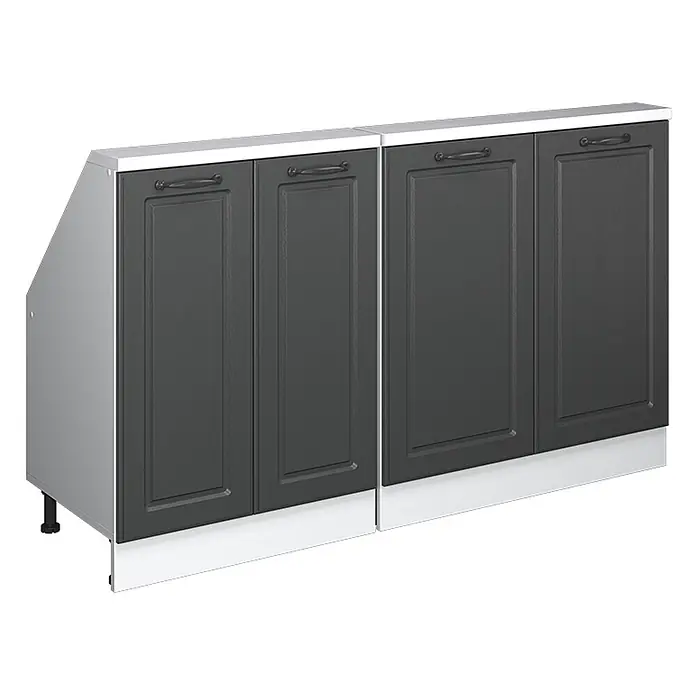 Vicco Schrankküche R-Line Anthrazit Landhaus 2er Set - Anthrazit Landhaus, Dachschrägenzeile 140cm - Zwei dunkelgraue modulare Küchenunterschränke mit weißen Arbeitsplatten und Sockelleisten. Der linke Schrank hat eine abgeschrägte Seitenplatte.