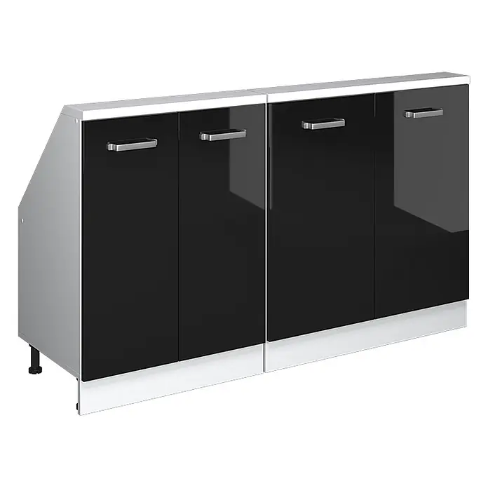 Vicco Küchenleerblock R-Line Schwarz Hochglanz 2er Set - Breite: 140 cm, Schwarz Hochglanz - Modulschrank mit hochglanzschwarzen Türen, silbergrauem Rahmen und Sockel.