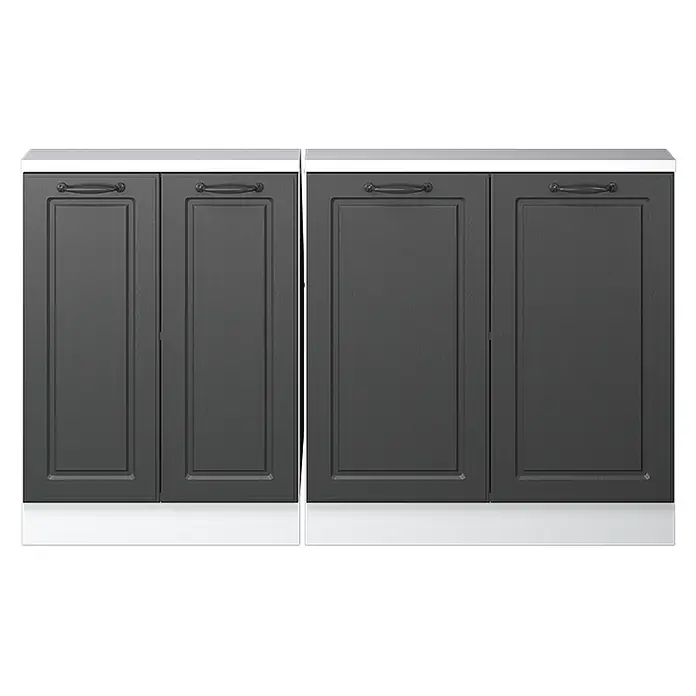 Vicco Schrankküche R-Line Anthrazit Landhaus 2er Set - Anthrazit Landhaus, Dachschrägenzeile 140cm - Zwei dunkelgraue Unterschränke mit weißen Arbeitsplatten, jeder mit zwei Kassettentüren und dunklen Griffen.