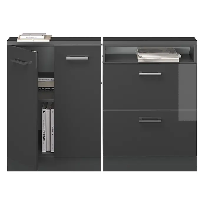Vicco Küchenleerblock R-Line Anthrazit Hochglanz 2er Set - Breite: 120 cm, Anthrazit Hochglanz - Dunkelgrauer Hochglanz-Aufbewahrungsschrank mit Tür, offenem Fach und zwei Schubladen.