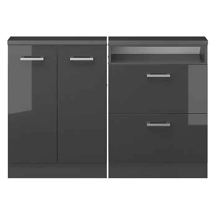 Vicco Küchenleerblock R-Line Anthrazit Hochglanz 2er Set - Breite: 120 cm, Anthrazit Hochglanz - Zwei dunkelgraue Hochglanz-Aufbewahrungseinheiten: ein zweitüriger Schrank und eine Kommode mit offenem Fach und zwei Schubladen, beide mit silbernen Griffen.