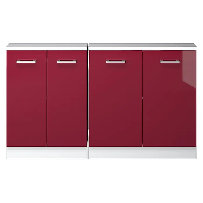 Vicco Schrankküche R-Line Rot Hochglanz/Weiß 2er Set - Rot Hochglanz, Dachschrägenzeile 140cm - Zwei hochglänzende rote Schränke, jeder mit zwei Türen, Chromgriffen, weißer Platte und Sockel.