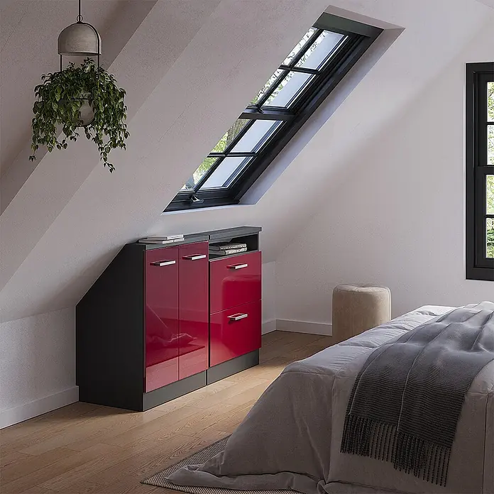 Vicco Küchenschrank für Dachschrägen R-Line, Rot Hochglanz, 120 cm -  - Rot-dunkelgraues Hochglanz-Schranksystem, das perfekt unter eine Dachschräge passt.