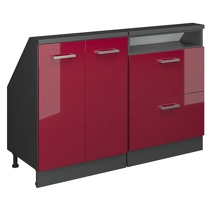 Vicco Küchenschrank für Dachschrägen R-Line, Rot Hochglanz, 120 cm -  - Hochglanz roter und dunkelgrauer Schrank mit zwei Türen, zwei Schubladen und einem offenen Fach.