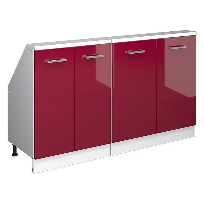 Vicco Schrankküche R-Line Rot Hochglanz/Weiß 2er Set - Rot Hochglanz, Dachschrägenzeile 140cm - Roter und silberner Schrank mit vier Türen und silbernen Griffen, mit einer schrägen linken Platte und weißem Sockel.