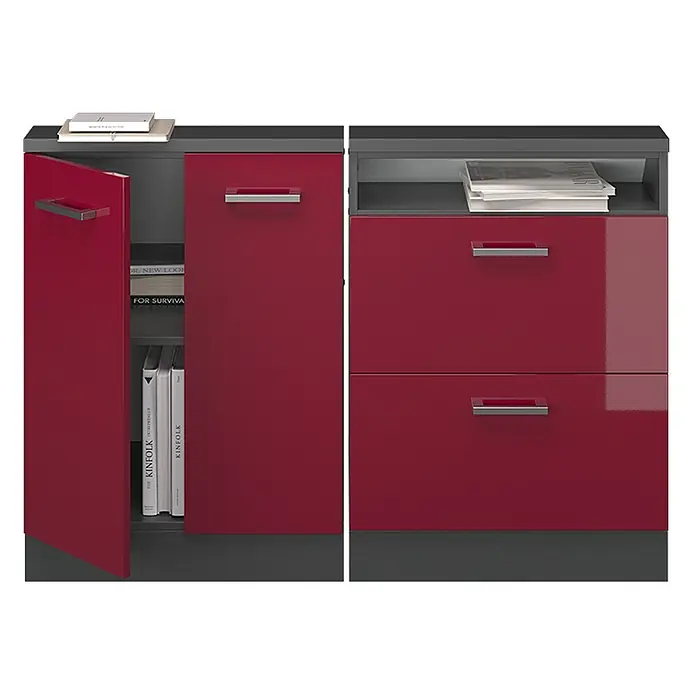 Vicco Küchenschrank für Dachschrägen R-Line, Rot Hochglanz, 120 cm -  - Roter Hochglanz-Aufbewahrungsschrank mit zwei Flügeltüren und zwei Schubladen, dunklen Einlegeböden und Deckplatte für vielseitige Ordnung.