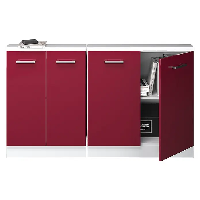 Vicco Schrankküche R-Line Rot Hochglanz/Weiß 2er Set - Rot Hochglanz, Dachschrägenzeile 140cm - Modernes rot-weißes Sideboard mit einer geöffneten Tür, die Regale mit Büchern und einer schwarzen Box zeigt.
