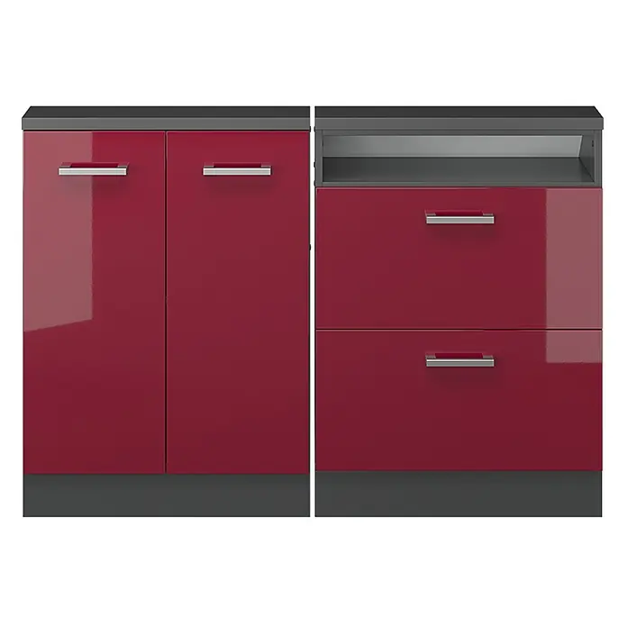 Vicco Küchenschrank für Dachschrägen R-Line, Rot Hochglanz, 120 cm -  - Zwei modulare Aufbewahrungsschränke: einer mit hochglänzenden roten Doppeltüren, einer mit offener Ablage und zwei hochglänzenden roten Schubladen. Dunkelgraue Ober- und Unterseiten.