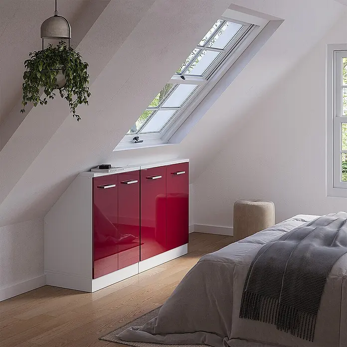 Vicco Schrankküche R-Line Rot Hochglanz/Weiß 2er Set - Rot Hochglanz, Dachschrägenzeile 140cm - Roter Hochglanz-Stauraumschrank mit weißem Rahmen, passend für Dachschrägen im Dachgeschoss.