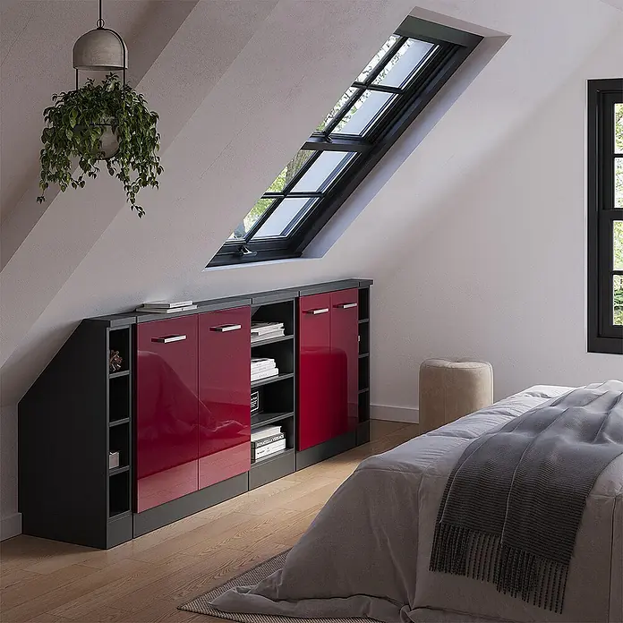 Vicco Küchenleerblock R-Line Rot Hochglanz 5er Set - Breite: 210 cm, Rot Hochglanz - Dachschrägenschrank mit hochglänzenden roten Türen und dunklen Regalen, entworfen für Dachschrägen im Schlafzimmer.