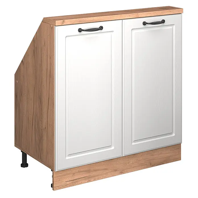 Vicco Schrankküche R-Line Weiß Landhaus mit 2 Türen - Weiß Landhaus, Dachschrägenschrank 80cm - Abgeschrägter Küchenunterschrank mit weißen Türen, Holzoptikrahmen und schwarzen Griffen.