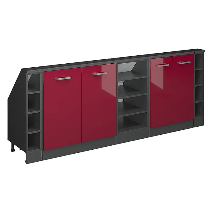 Vicco Küchenleerblock R-Line Rot Hochglanz 5er Set - Breite: 210 cm, Rot Hochglanz - Modulares Sideboard mit glänzenden roten Türen und dunkelgrauen offenen Regalen, mit schrägem linkem Ende.