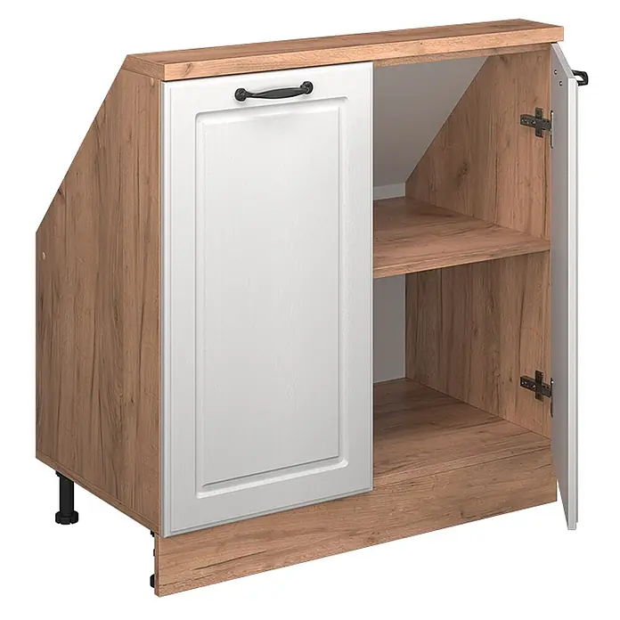 Vicco Schrankküche R-Line Weiß Landhaus mit 2 Türen - Weiß Landhaus, Dachschrägenschrank 80cm - Sockelschrank in Holzoptik mit weißer Tür und Regalen, schräge Seite für Dachschrägen oder Treppenunterschränke.