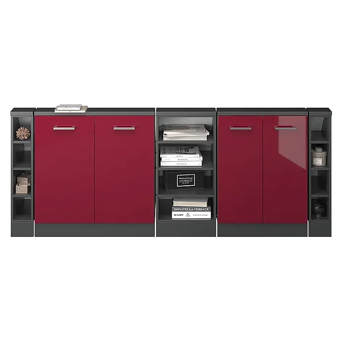Vicco Küchenleerblock R-Line Rot Hochglanz 5er Set - Breite: 210 cm, Rot Hochglanz - Modulares Aufbewahrungsmöbel mit roten Hochglanztüren und grauen offenen Regalfächern für Bücher und Dekorationen.