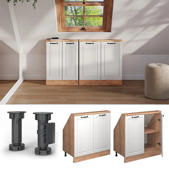 Vicco Schrankküche R-Line Weiß Landhaus mit 2 Türen - Weiß Landhaus, Dachschrägenschrank 80cm - Weiße und Holz-Unterschränke mit schwarzen Griffen in einem Dachzimmer. Verstellbare Beine und ein Schrägschrank sind ebenfalls abgebildet.