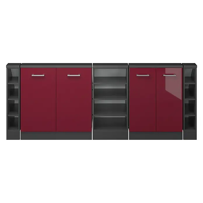 Vicco Küchenleerblock R-Line Rot Hochglanz 5er Set - Breite: 210 cm, Rot Hochglanz - Modernes modulares Aufbewahrungsmöbel mit glänzend roten Türen und dunkelgrauen offenen Fächern.