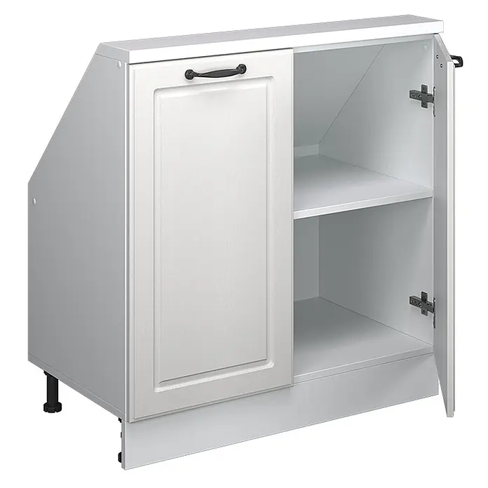 Vicco Schrankküche R-Line Weiß Landhaus mit 2 Türen - Weiß Landhaus, Dachschrägenschrank 80cm - Weißer Eckunterschrank mit schräger Seite, einer Tür mit schwarzem Griff und offenen Regalböden. Mit verstellbaren Füßen.