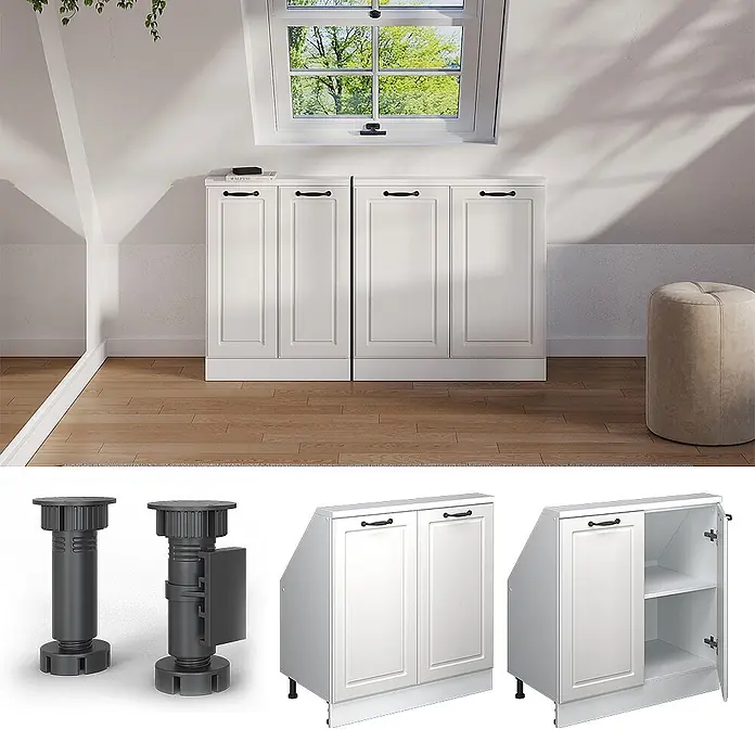 Vicco Schrankküche R-Line Weiß Landhaus mit 2 Türen - Weiß Landhaus, Dachschrägenschrank 80cm - Weiße modulare Dachschrägenschränke mit verstellbaren Füßen, unter einer Dachschräge und mit Innenregalen gezeigt.