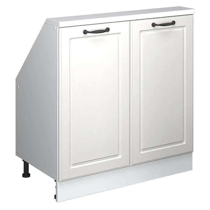 Vicco Schrankküche R-Line Weiß Landhaus mit 2 Türen - Weiß Landhaus, Dachschrägenschrank 80cm - Weißer zweitüriger Küchenunterschrank mit schwarzen Griffen und abgeschrägter Rückseite links.