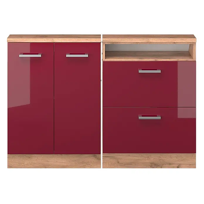 Vicco Küchenschrank für Dachschrägen R-Line, Rot Hochglanz, 120 cm -  - Zweiteiliger Schuhschrank in glänzendem Rot und Holzoptik mit Türen, Schubladen und offenem Fach.