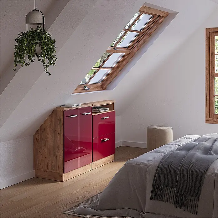 Vicco Küchenschrank für Dachschrägen R-Line, Rot Hochglanz, 120 cm -  - Roter und Holz-Effekt Stauschrank mit Türen und Schubladen, maßgefertigt unter einer Dachschräge.