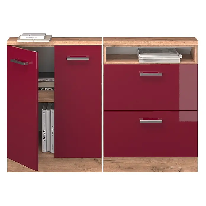 Vicco Küchenschrank für Dachschrägen R-Line, Rot Hochglanz, 120 cm -  - Hochglänzendes rotes Sideboard in Holzoptik. Links zwei Türen (eine offen); rechts ein offenes Fach und zwei Schubladen.