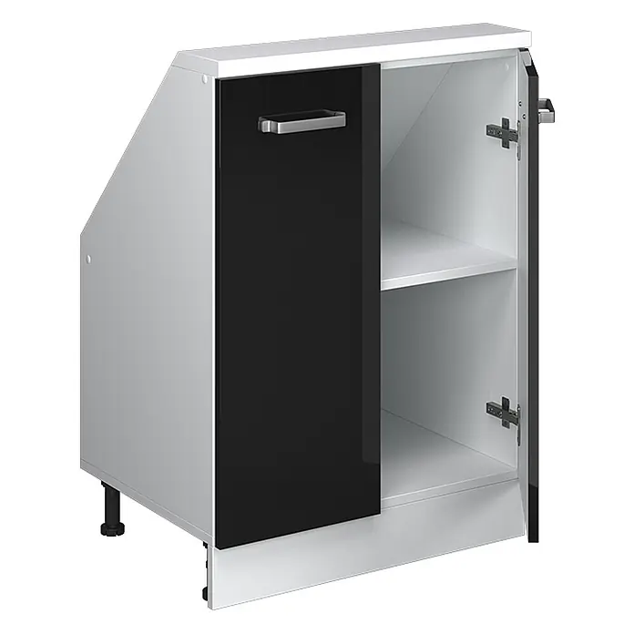Vicco Küchenleerblock R-Line Schwarz Hochglanz mit 2 Türen - Breite: 60 cm, Schwarz Hochglanz - Weiß-schwarzer Treppenunterschrank mit einer Tür und Innenablagen.