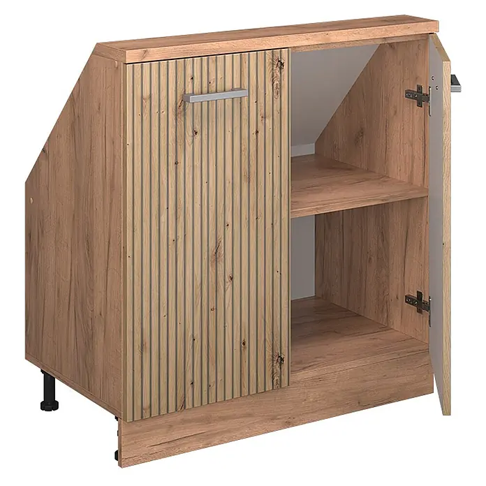Küchenschrank für Dachschrägen R-Line 80 cm Artisan-Eiche Art.-Nr. 58068 -  - Abgeschrägter Holzoptik-Schrank mit geriffelter Tür und offenen Regalen, ideal für Dachschrägen oder unter Treppen.