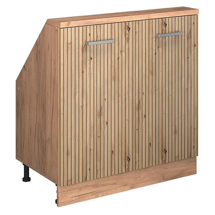 Küchenschrank für Dachschrägen R-Line 80 cm Artisan-Eiche Art.-Nr. 58068 -  - Unterschrank aus hellem Holz mit gerillten Türen, silbernen Griffen und abgeschrägter linker Seite.