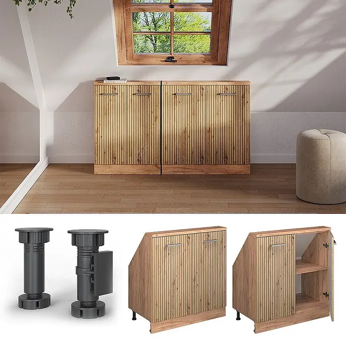 Küchenschrank für Dachschrägen R-Line 80 cm Artisan-Eiche Art.-Nr. 58068 -  - Schuhschrank aus Holz mit Lamellentüren, für Dachschrägen konzipiert. Verstellbare Füße gezeigt.