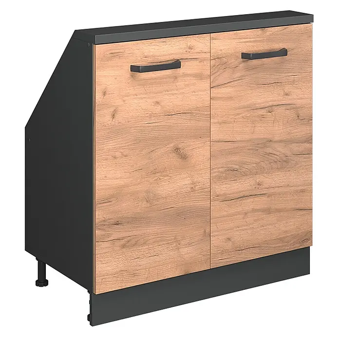 Vicco Schrankküche R-Line Goldkraft Eiche mit 2 Türen - Goldkraft Eiche, Dachschrägenschrank 80cm - Abgeschrägter zweitüriger Küchenunterschrank mit hellen Holzoptik-Türen, dunkelgrauem Korpus, Platte und Sockel.