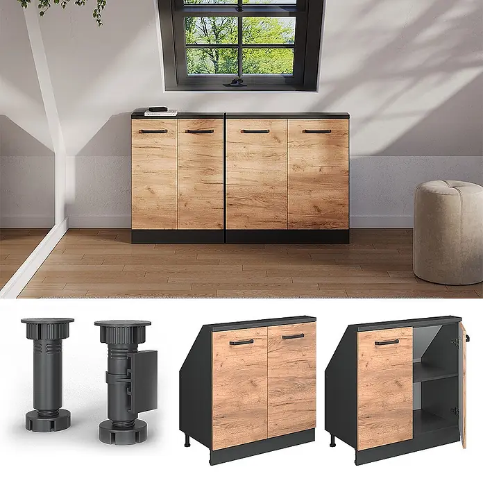 Vicco Schrankküche R-Line Goldkraft Eiche mit 2 Türen - Goldkraft Eiche, Dachschrägenschrank 80cm - Holzschrank mit schwarzem Rahmen und abgeschrägter Rückwand, mit verstellbaren Füßen, ideal für Dachschrägen.