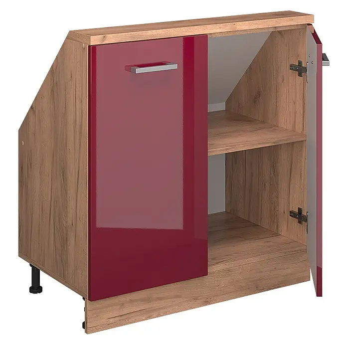Vicco Küchenschrank für Dachschrägen R-Line, Rot Hochglanz, 80 cm -  - Eckunterschrank mit Holzdekorrahmen, hochglänzender roter Tür und offenen Regalen rechts, mit verstellbaren Füßen.