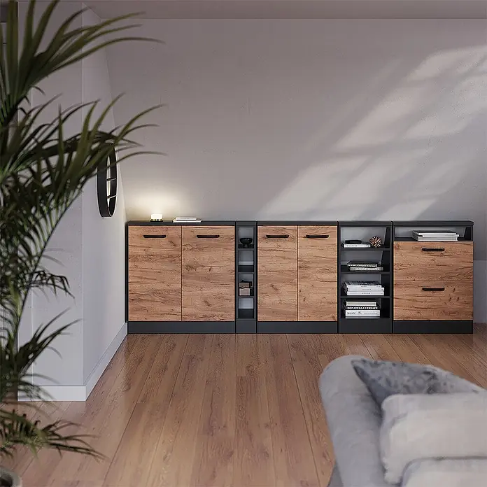 Vicco Schrankküche R-Line Goldkraft Eiche mit 2 Türen - Goldkraft Eiche, Dachschrägenschrank 80cm - Langes, modulares Holzsideboard mit dunkelgrauen Rahmen und Griffen, bietet viel Stauraum im modernen Wohnzimmer.