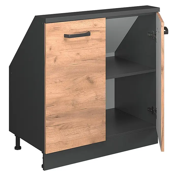 Vicco Schrankküche R-Line Goldkraft Eiche mit 2 Türen - Goldkraft Eiche, Dachschrägenschrank 80cm - Dunkelgrauer Schrank mit schräger Oberseite, einer Tür in heller Holzoptik und einem offenen Fach mit Regal.