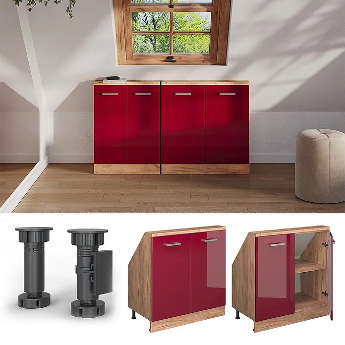 Vicco Küchenschrank für Dachschrägen R-Line, Rot Hochglanz, 80 cm -  - Zwei hochglänzende rote Schränke mit Holzplatten und -sockeln, in einem Dachzimmer gezeigt.