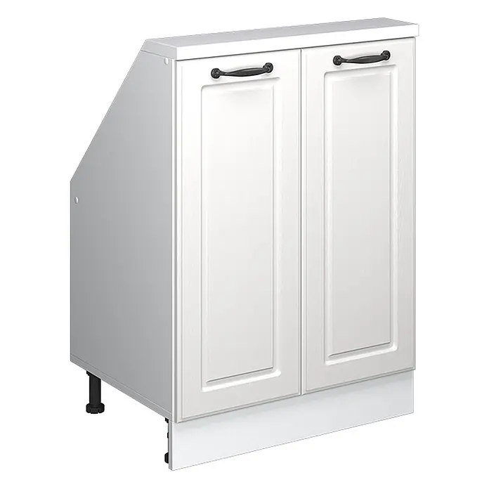Vicco Schrankküche R-Line Weiß Landhaus mit 2 Türen - Weiß Landhaus, Dachschrägenschrank 60cm - Weißer Küchenunterschrank mit zwei strukturierten Türen, schwarzen Griffen und einer abgeschrägten Seite, auf Beinen mit Sockel.