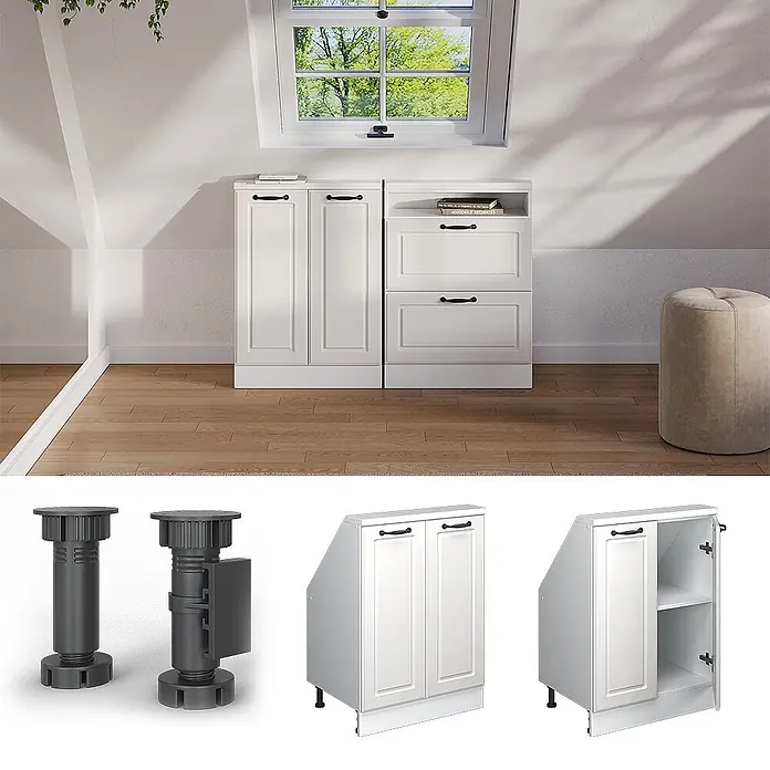 Vicco Schrankküche R-Line Weiß Landhaus mit 2 Türen - Weiß Landhaus, Dachschrägenschrank 60cm - Weiße Dachschrägen-Schränke mit schwarzen Griffen und verstellbaren Füßen, passend für Dachschrägen.
