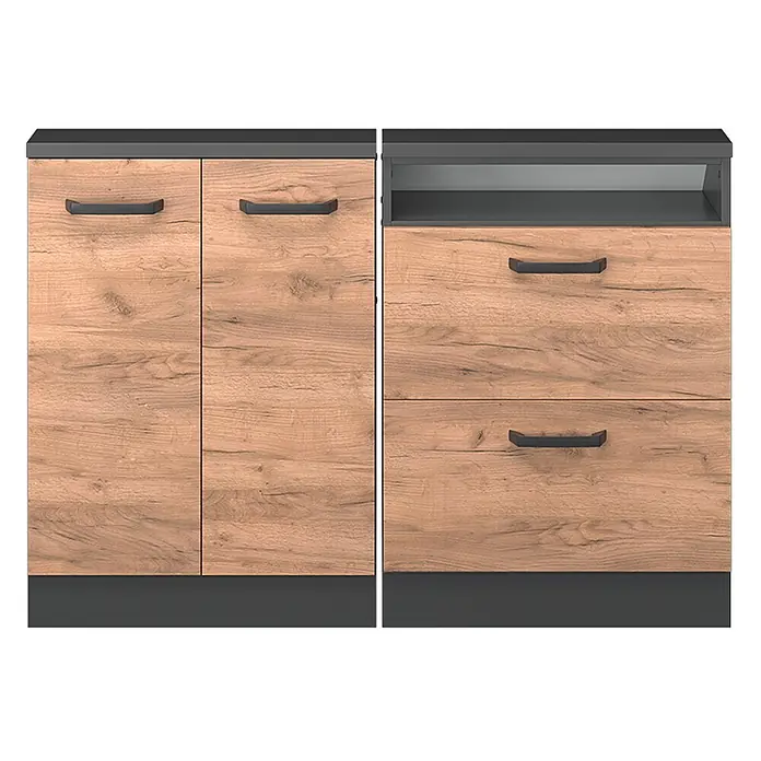 Vicco Schrankküche R-Line Goldkraft Eiche 2er Set - Goldkraft Eiche, Dachschrägenzeile 120cm - Zwei Holz-Aufbewahrungsschränke: einer mit zwei Türen, der andere mit offenem Fach und zwei Schubladen. Hellbraune Holzmaserung mit dunkelgrauen Akzenten.