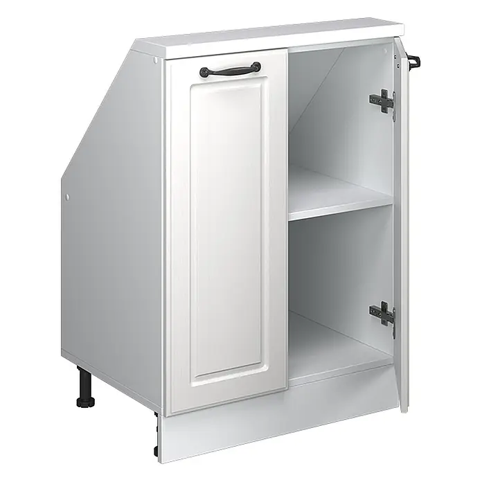 Vicco Schrankküche R-Line Weiß Landhaus mit 2 Türen - Weiß Landhaus, Dachschrägenschrank 60cm - Weißer Eckunterschrank mit Tür, Regal, schwarzem Griff und verstellbaren Füßen für die Küche.