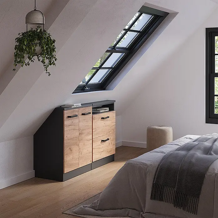 Vicco Schrankküche R-Line Goldkraft Eiche 2er Set - Goldkraft Eiche, Dachschrägenzeile 120cm - Holzfarbener und dunkler Schrank mit Schubladen, perfekt unter einer Dachschräge im Dachzimmer integriert, cleverer Stauraum.